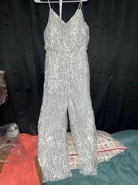 SHEIN Silver Sequin Spaghetti-Strap Jumpsuit